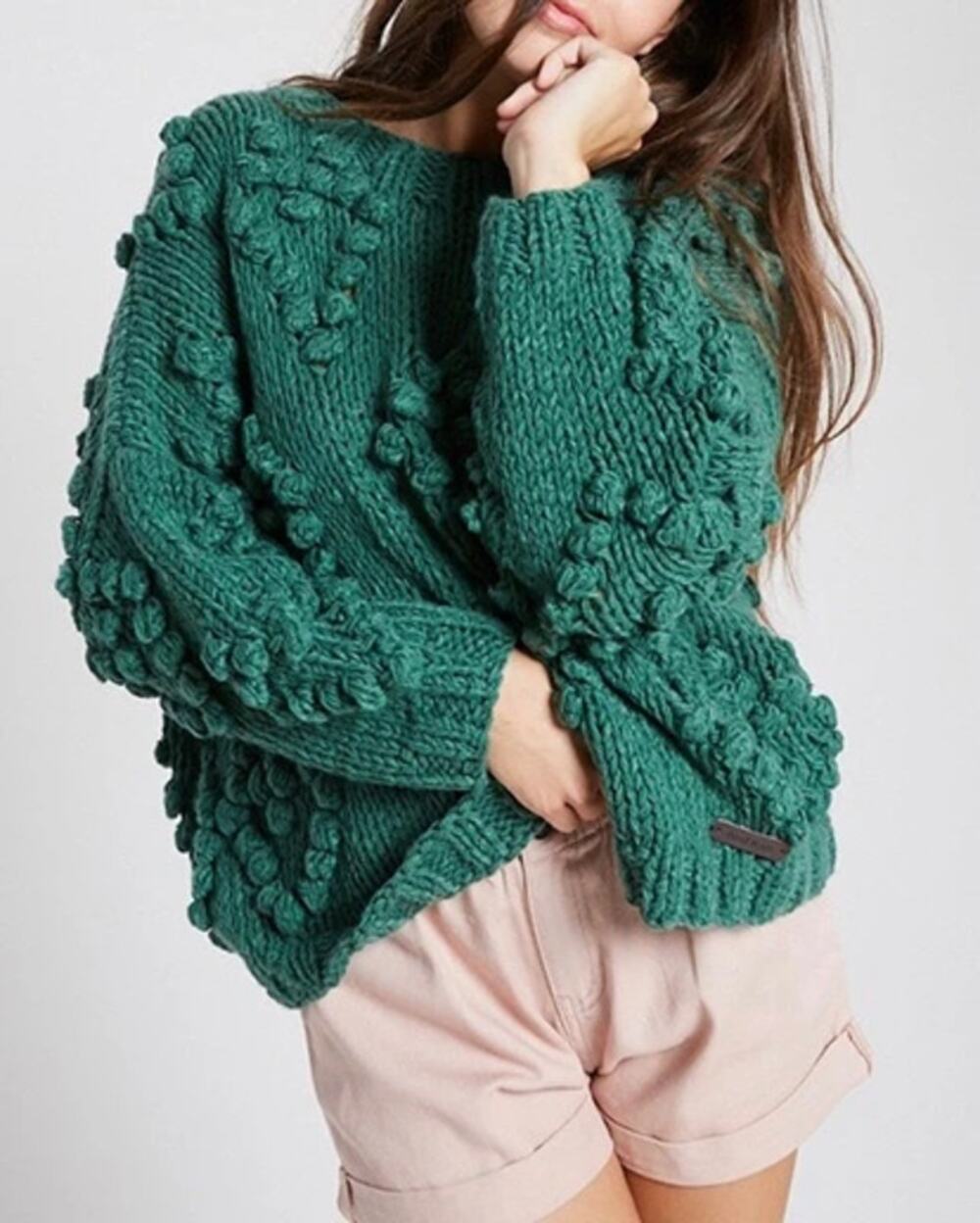 Wishlist Pom Pom Heart Oversized Chunky Knit Pullover Sweater Green S